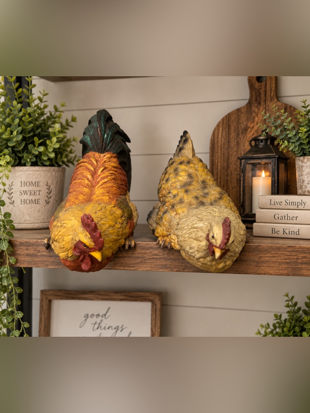 Rooster Hen Shelf Sitter Figurines Rustic Farmhouse Chicken Kitchen Decor Pair
